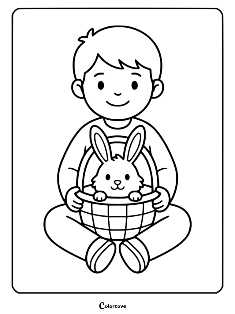 A smiling young boy sitting cross-legged and holding a woven basket containing a small rabbit in this printable coloring page.