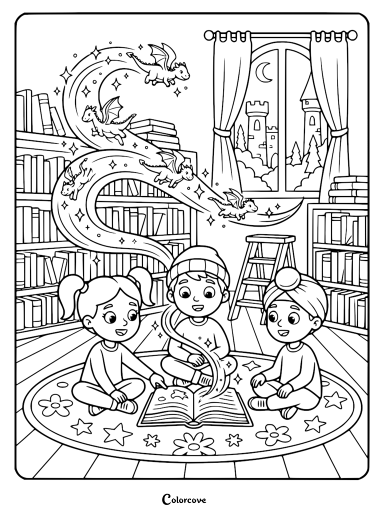 Three children sitting on a rug in a library reading a magical book with tiny dragons flying out of the pages in this detailed coloring page.
