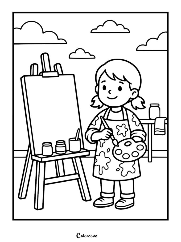 A young girl with pigtails wearing a paint-splattered apron holds a palette and brush while standing next to an easel in this printable coloring page.