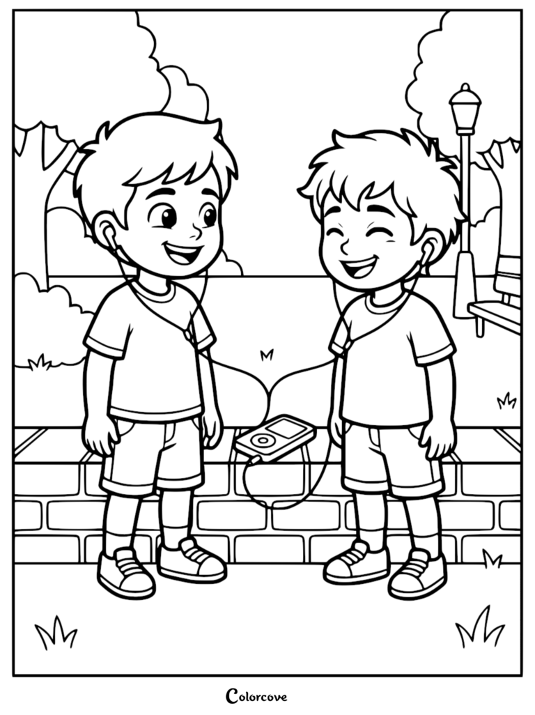 Two young boys standing in a park sharing a music player with wired earbuds in this printable coloring page.