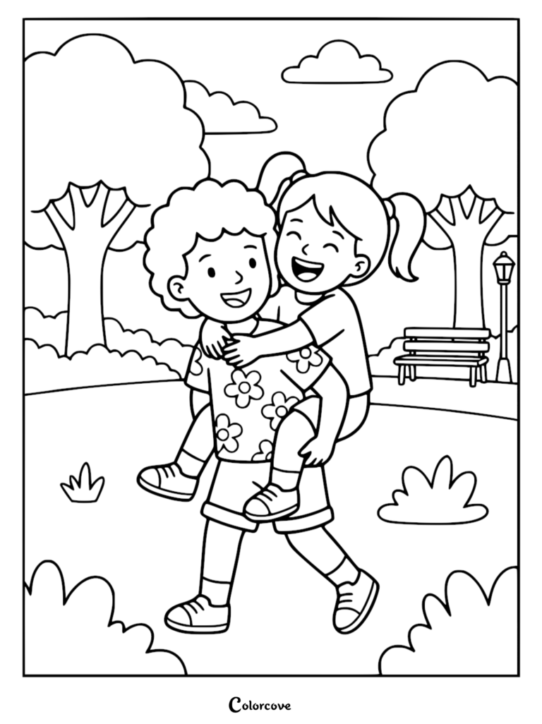 A boy in a floral shirt giving a girl with pigtails a piggyback ride in a park, coloring page.