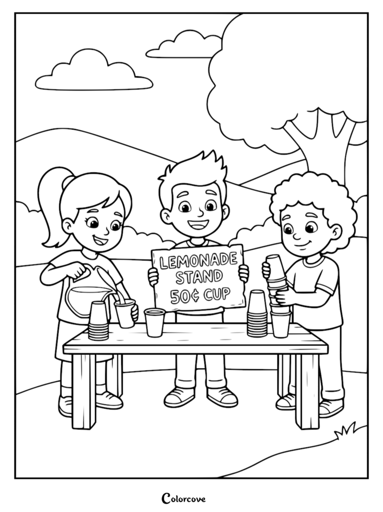 Three children operating a lemonade stand outdoors, coloring page featuring a girl pouring lemonade and boys holding a sign.