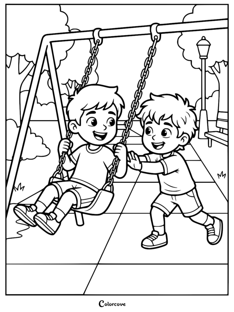 A boy pushing his friend on a swing set in a park, black and white line art coloring page.