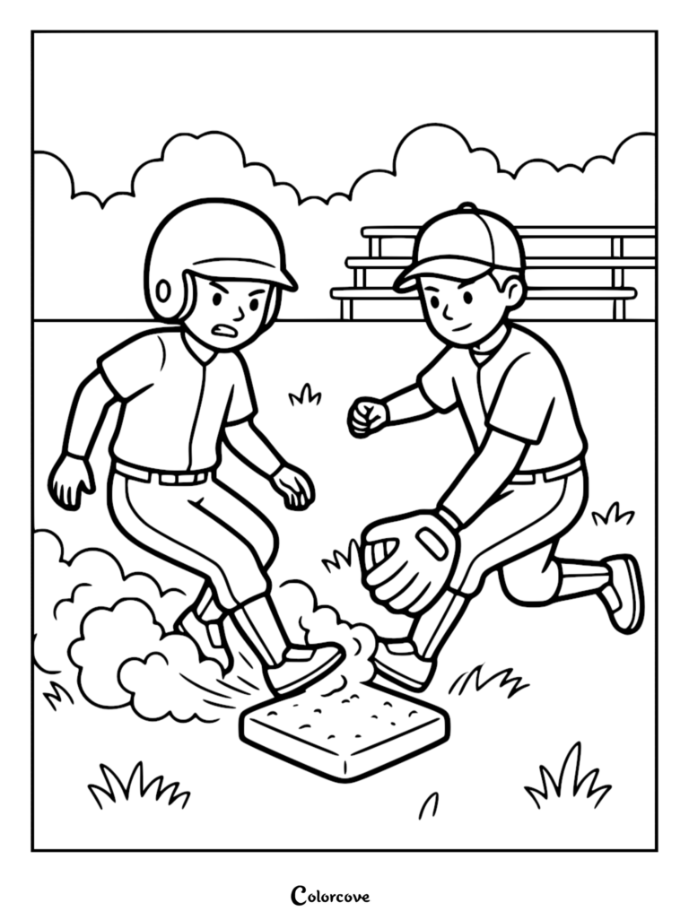 A baseball player sliding into second base while the fielder attempts a tag in this black and white coloring page.