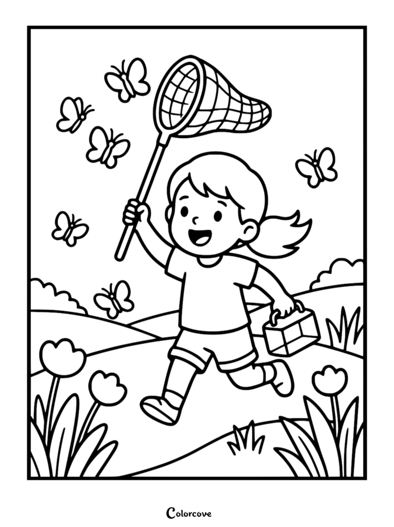 A happy girl running through a field with a butterfly net and a small container in this printable coloring page.