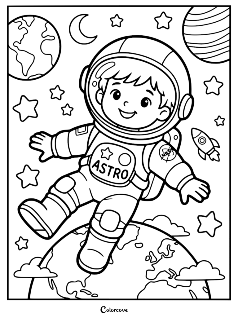A smiling boy astronaut in a space suit labeled Astro floating above Earth, surrounded by stars, planets, and a rocket ship in this printable coloring page.