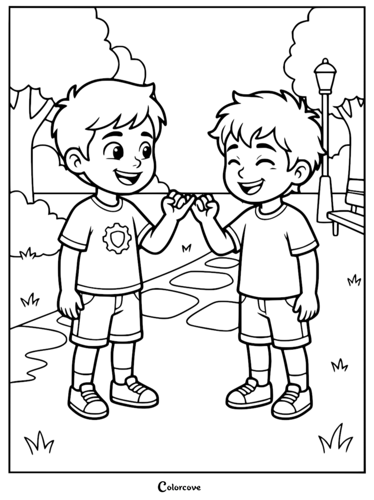 Two young boys making a pinky promise in a park, line art coloring page style.