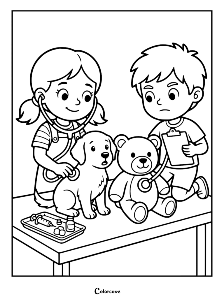 A girl and boy playing veterinarian with a puppy and teddy bear in this printable coloring page.