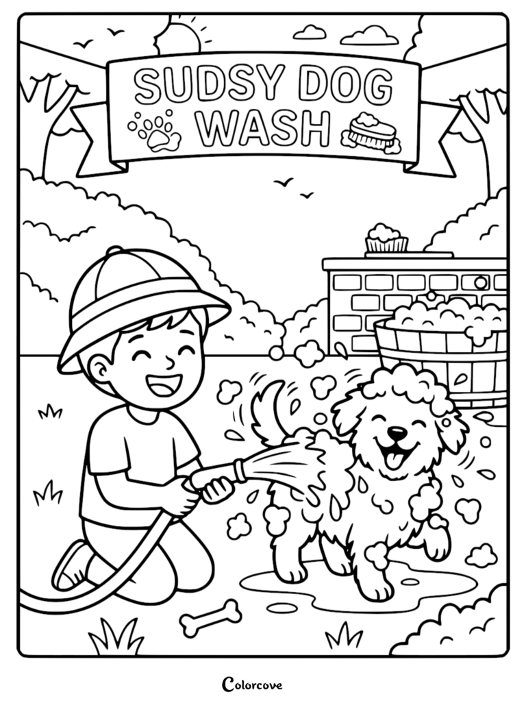 A happy boy in a hat using a garden hose to wash a soapy puppy in a backyard setting, featured on a Sudsy Dog Wash coloring page.