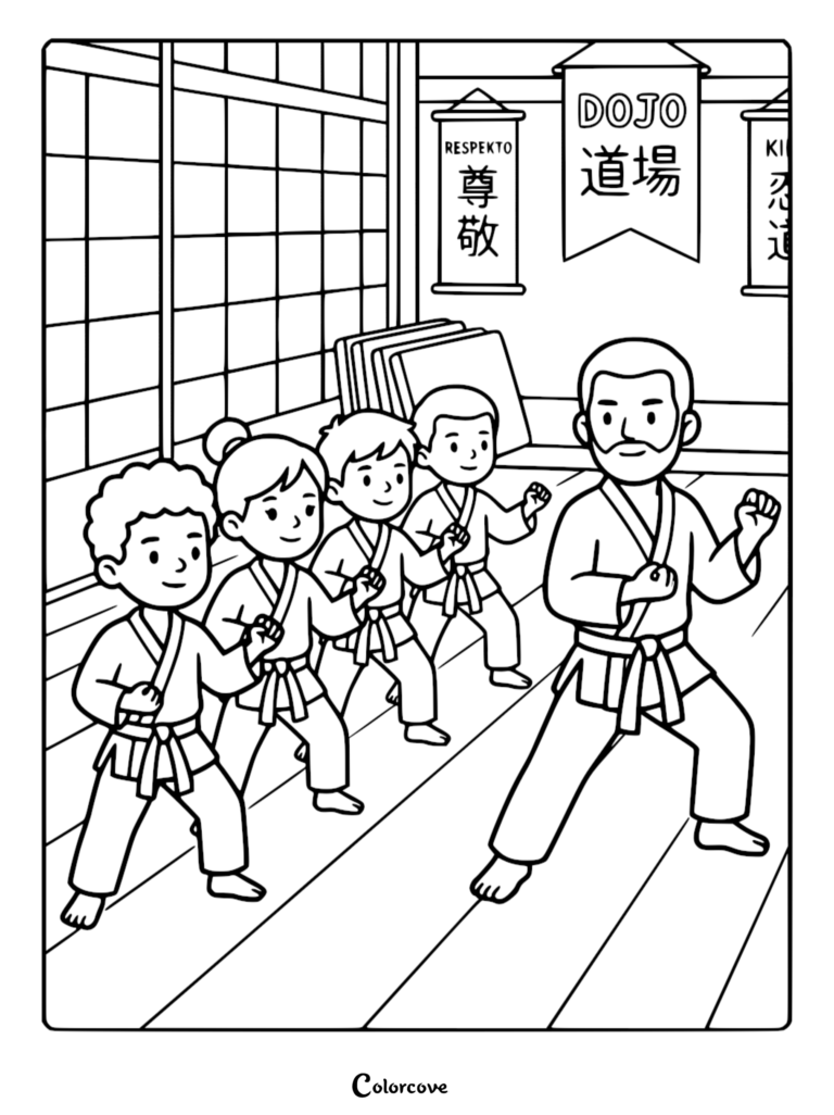 A karate instructor leading a group of four children in a martial arts pose inside a dojo, featured as a line art coloring page.