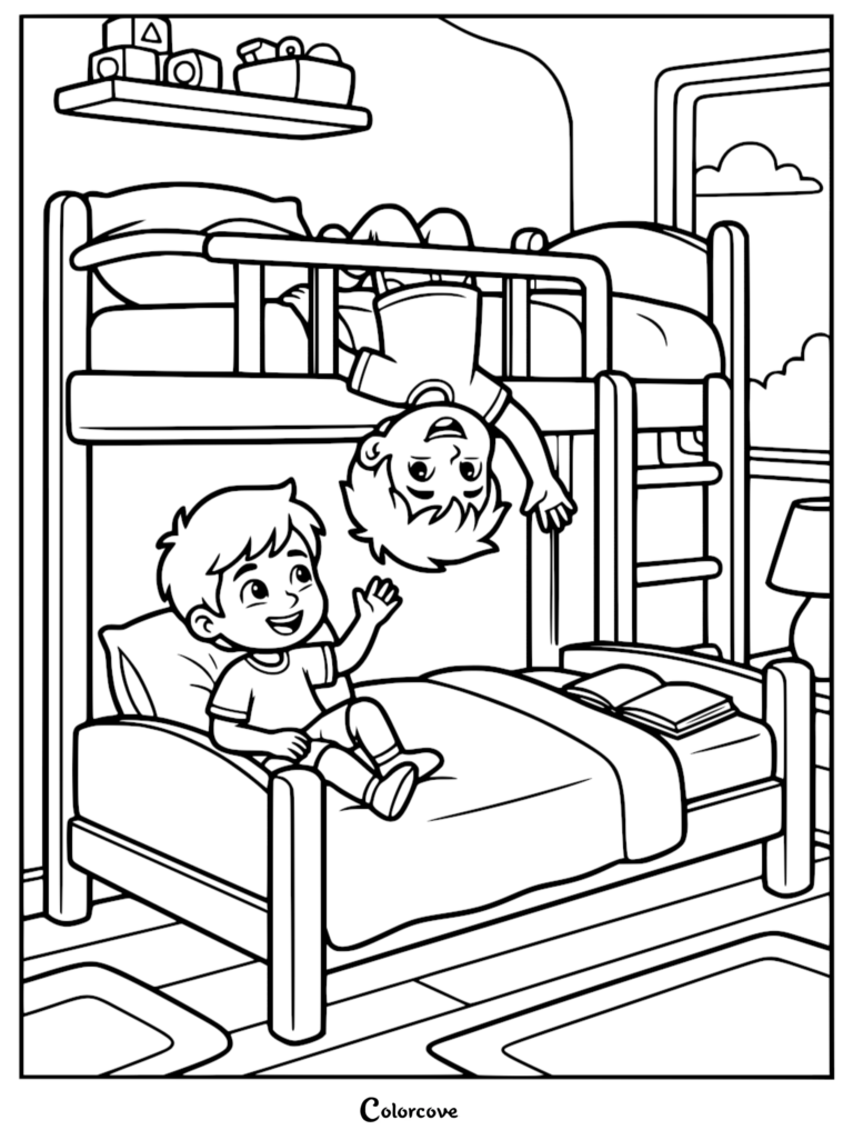 Two young boys playing in a bedroom, one sitting on the bottom bunk and the other hanging upside down from the top bunk, line art coloring page.