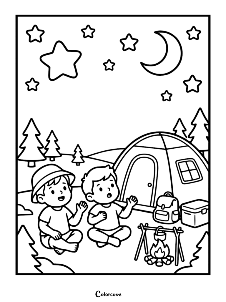 Two young boys sitting by a campfire in front of a tent at night, featured in a printable coloring page with a crescent moon and stars in the sky.