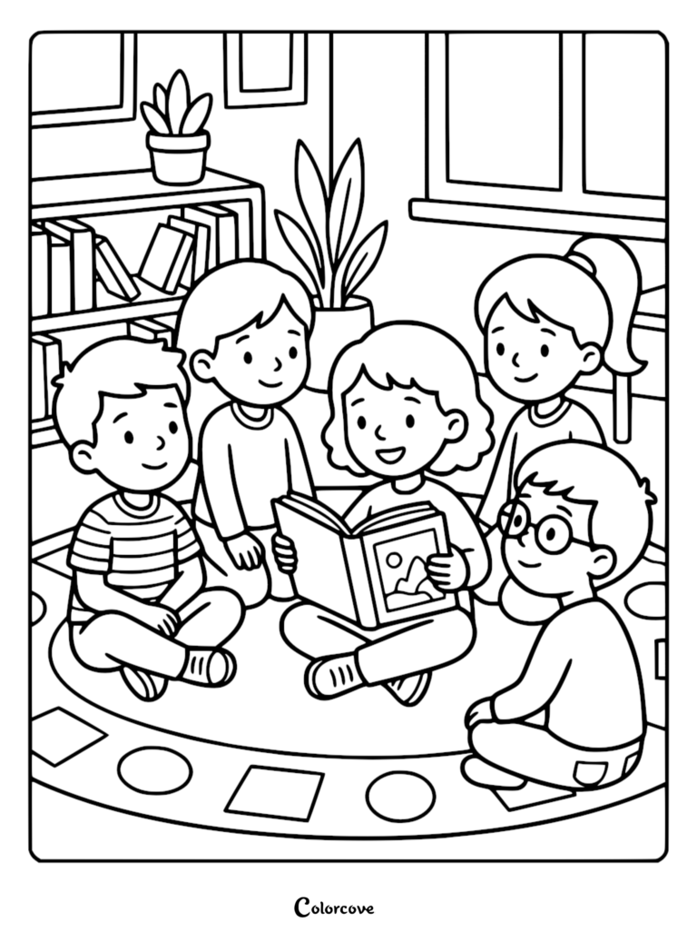 A group of five children sitting on a circular rug in a library reading a book together, printable coloring page.