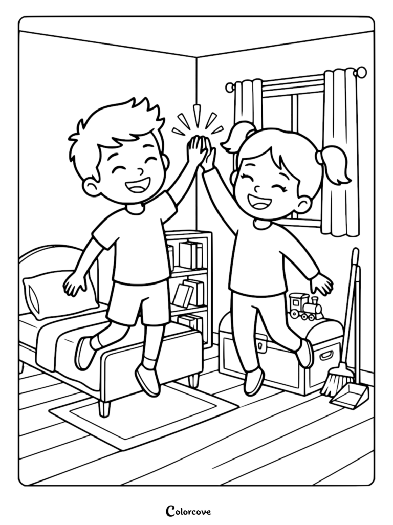 A boy and girl jumping in a bedroom giving each other a high five in this printable coloring page.