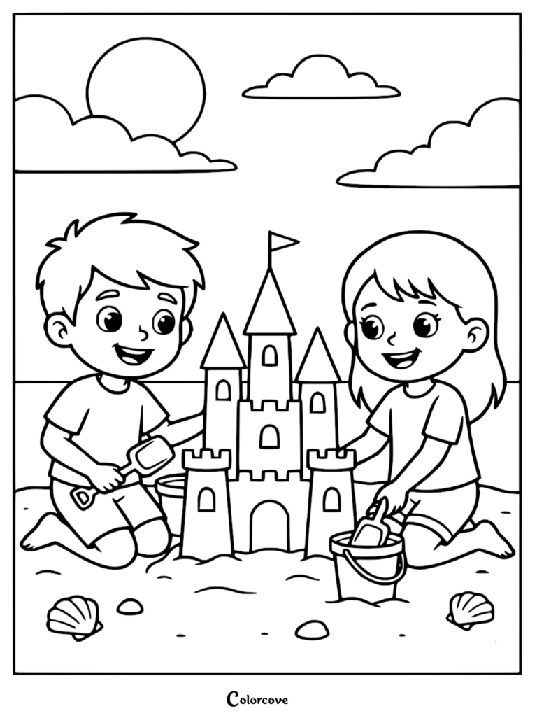 A boy and girl kneeling on the beach building a sandcastle with buckets and shovels, printable coloring page.