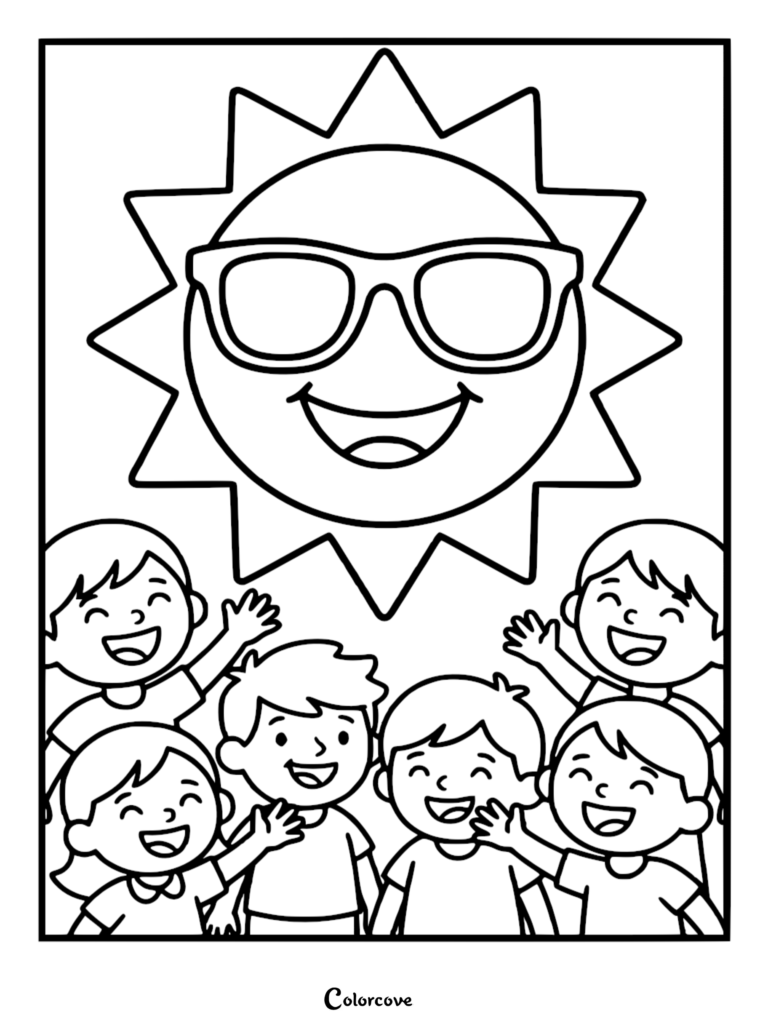 A group of five happy children waving under a smiling sun wearing sunglasses in this printable coloring page.