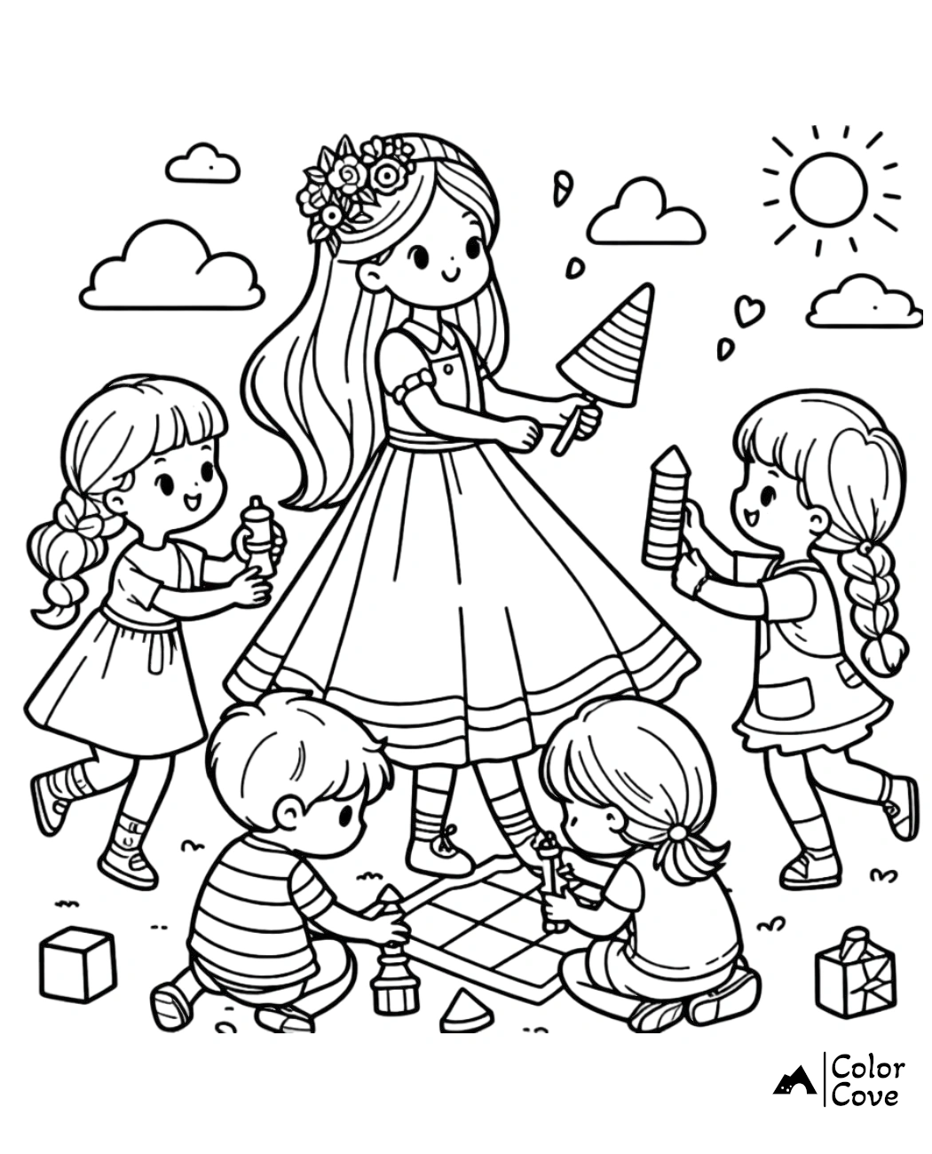 Kids coloring page featuring children playing with toys and building blocks, with a backdrop of a sunny sky and clouds.