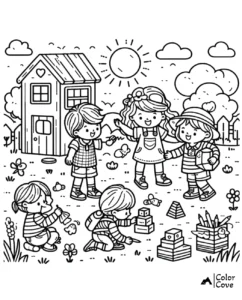 Coloring page of children playing outside a house on a sunny day with toys, blocks, and flowers in a garden setting.