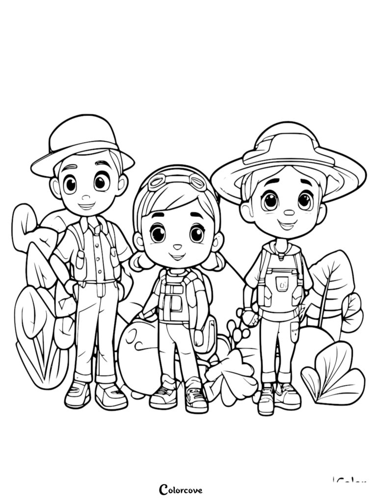 Three young explorers wearing hats and backpacks standing in a jungle setting in this printable coloring page.