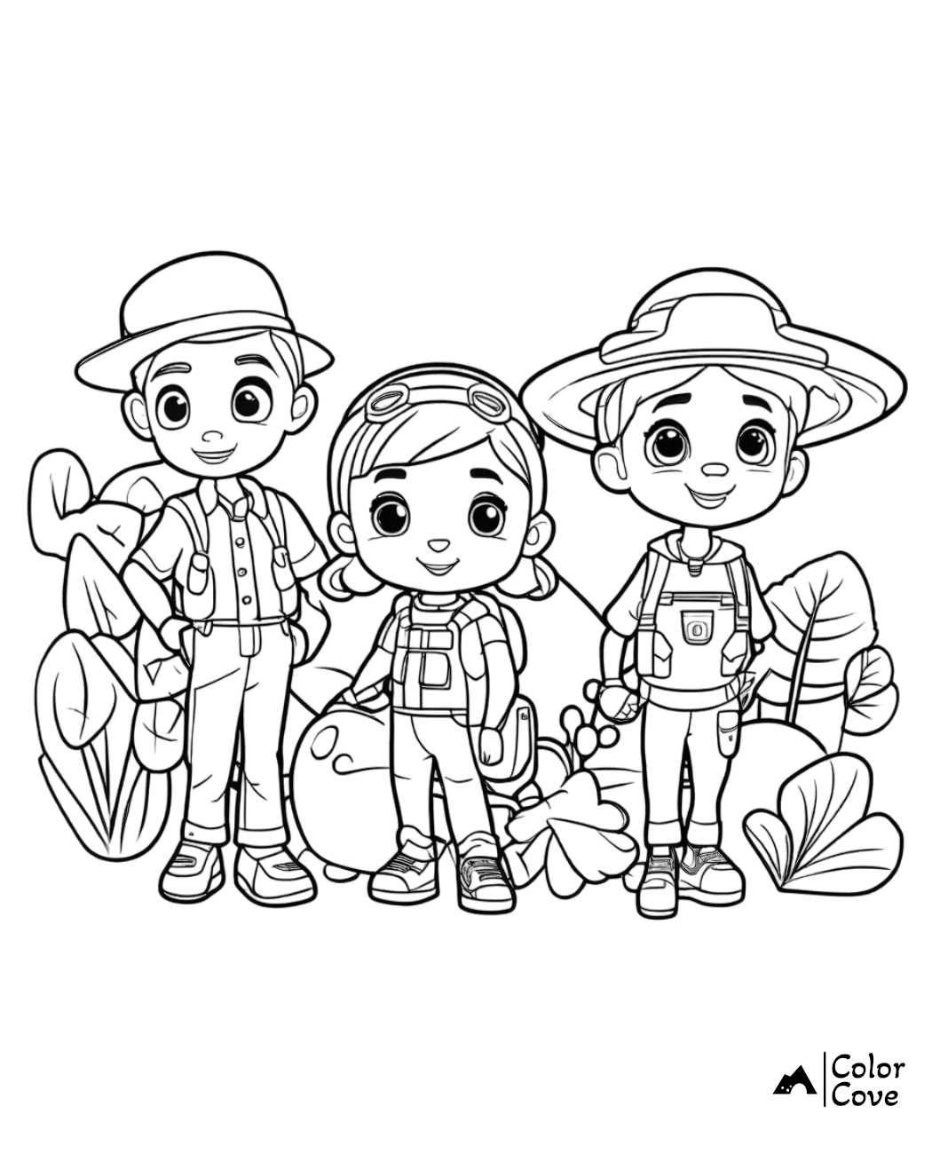 Kids explorer coloring page with three children in adventure gear surrounded by nature, ready for outdoor fun activities.