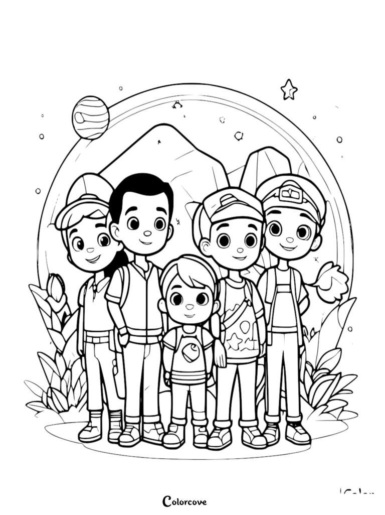 Five children wearing hats and backpacks standing together in a space-themed setting, a printable coloring page for kids.