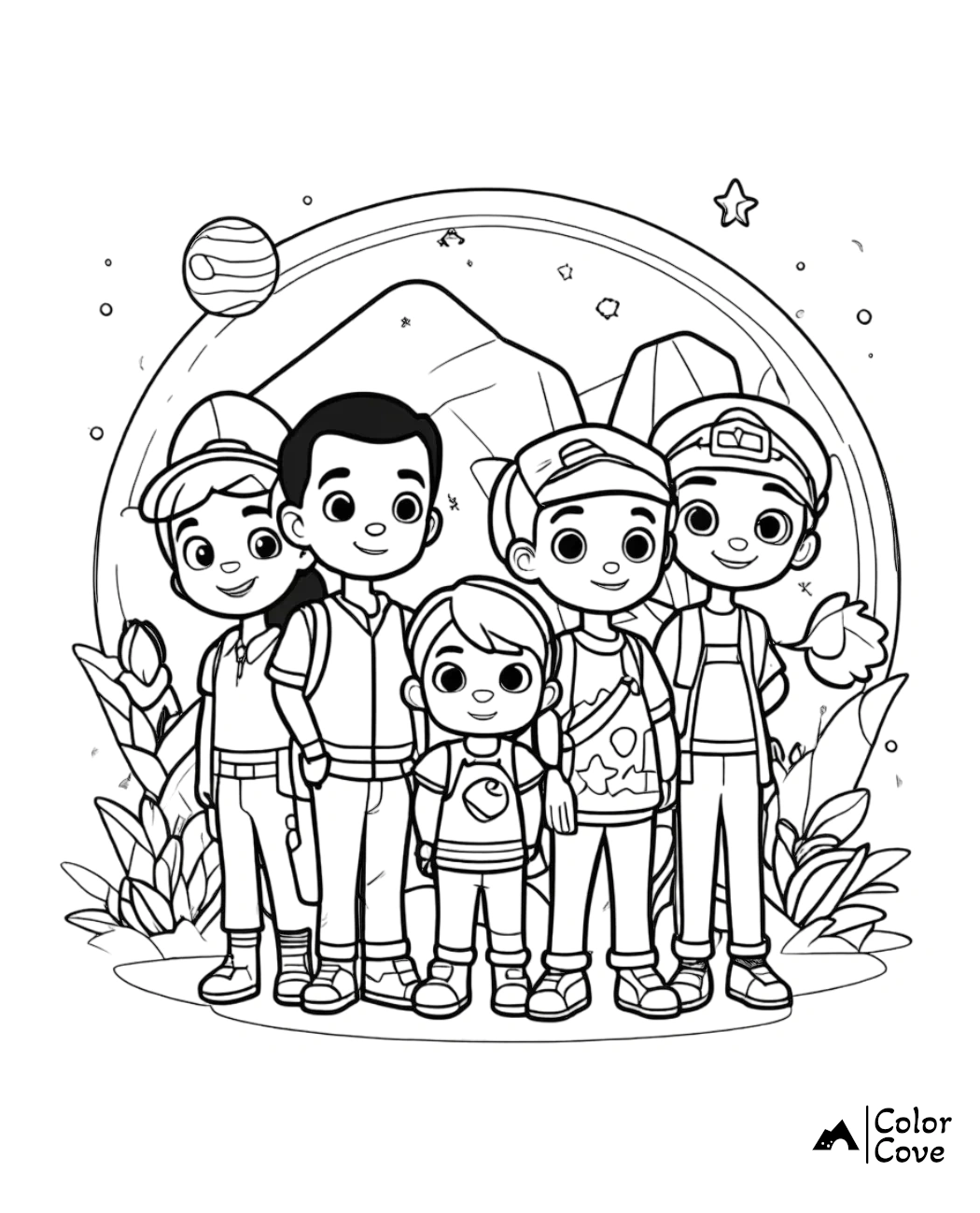 Coloring page of five kids outdoors with mountains and planets in the background, created by Color Cove.