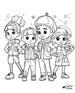 Children's coloring page with four happy kids in outdoor outfits, ready for adventure. Perfect for creative and interactive fun.
