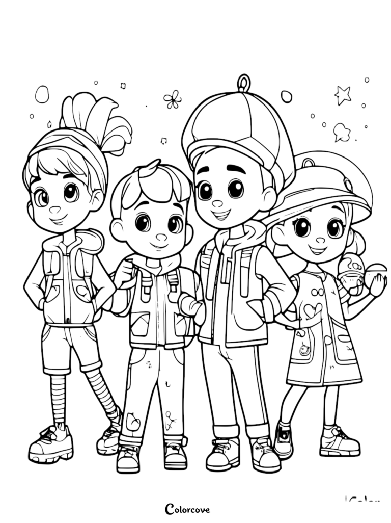 A group of four diverse children standing together in a line art coloring page, featuring two boys and two girls wearing casual jackets, hats, and backpacks with simple doodle stars and circles in the background.