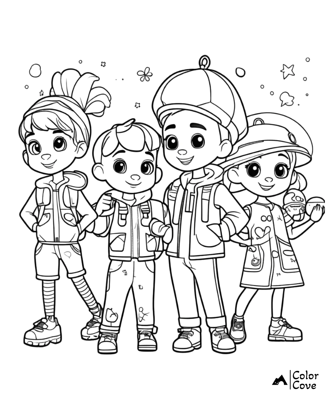 Children's coloring page with four happy kids in outdoor outfits, ready for adventure. Perfect for creative and interactive fun.