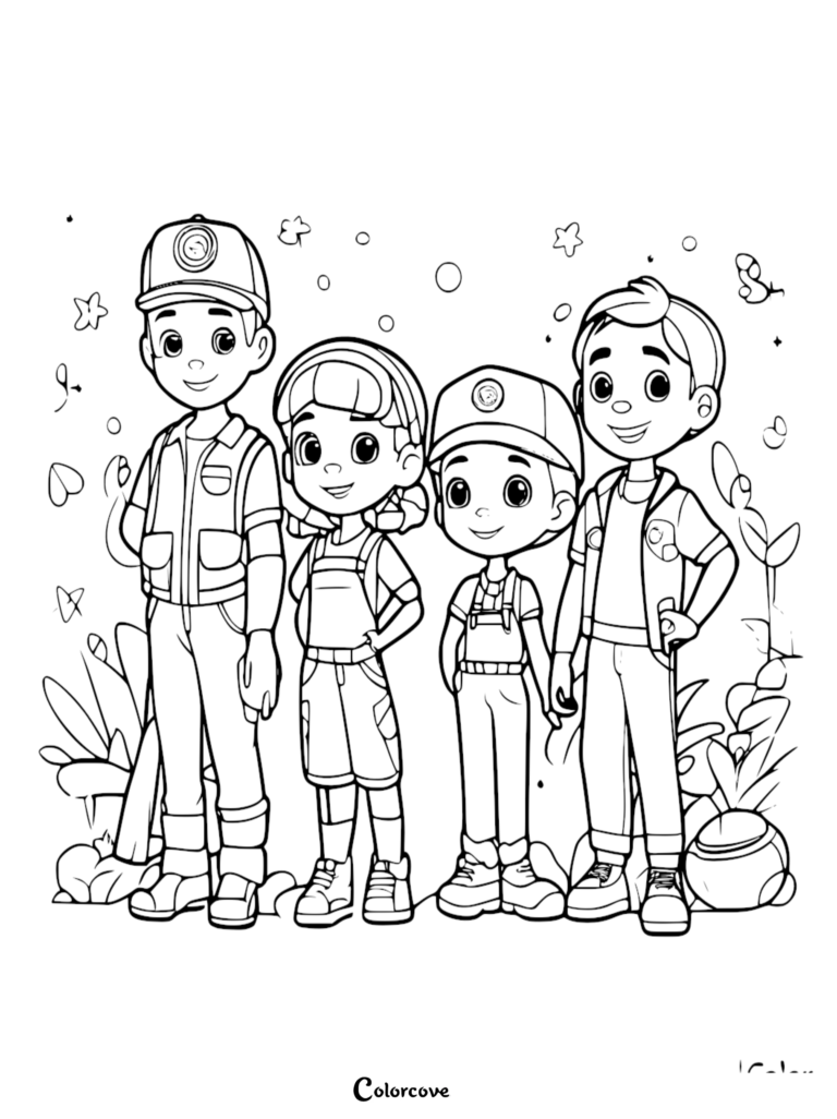 Four cartoon children standing together in an outdoor setting, featuring a tall boy in a cap, a girl with a headband, a younger boy in a cap, and a boy with short hair, presented as a clean line art coloring page.