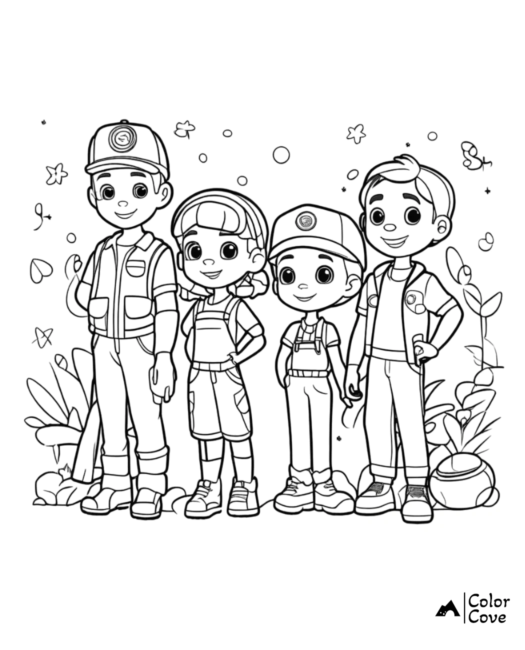 Four happy kids in outdoor explorer outfits, standing together on a fun adventure coloring page by Color Cove.