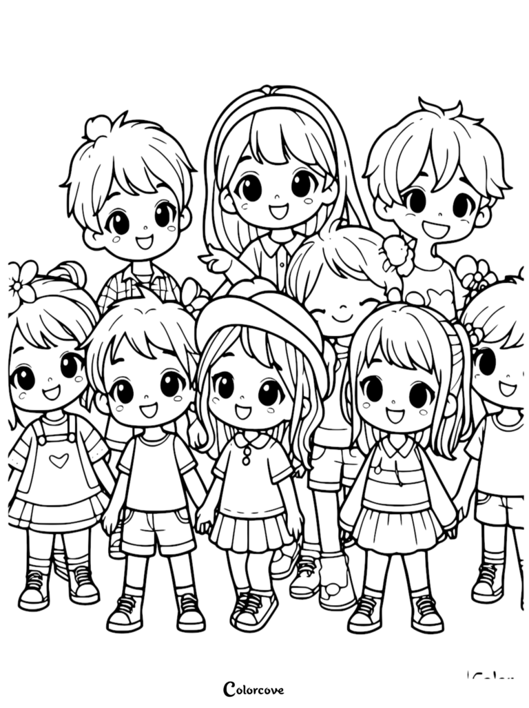 A group of nine diverse chibi-style children smiling together in a line art coloring page.