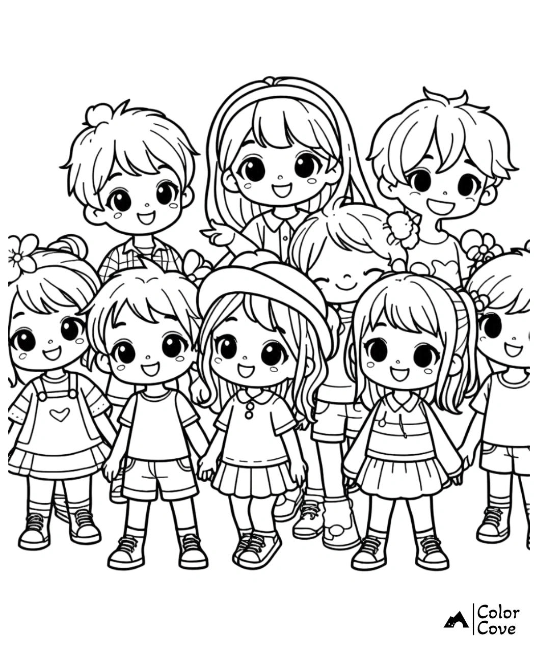 Cute group of children holding hands coloring page. Fun and engaging activity for kids to color. Perfect for early childhood.