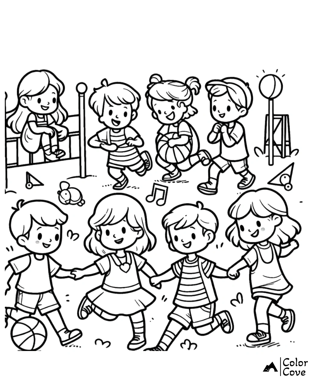 Children joyfully playing and dancing outside, black and white coloring page. Perfect for kids' fun and educational activities.