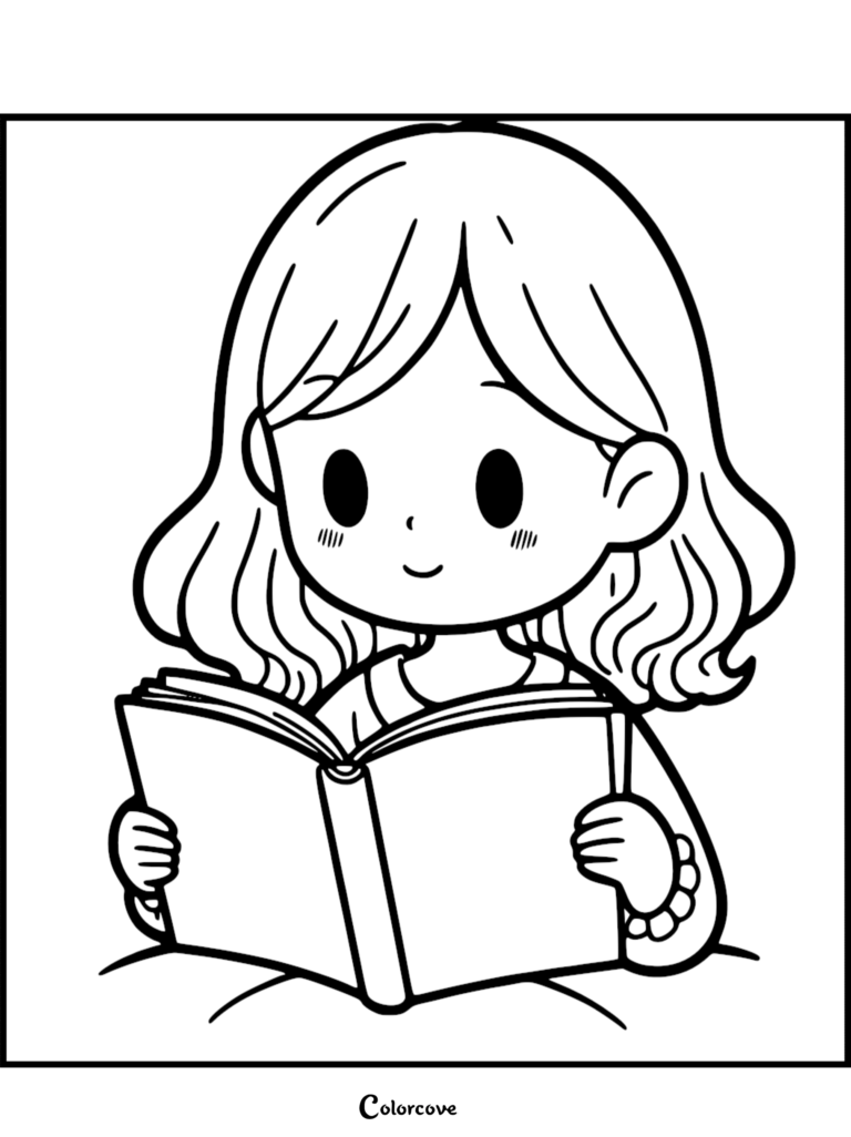 A cute chibi girl with wavy hair holding an open book in this printable coloring page.