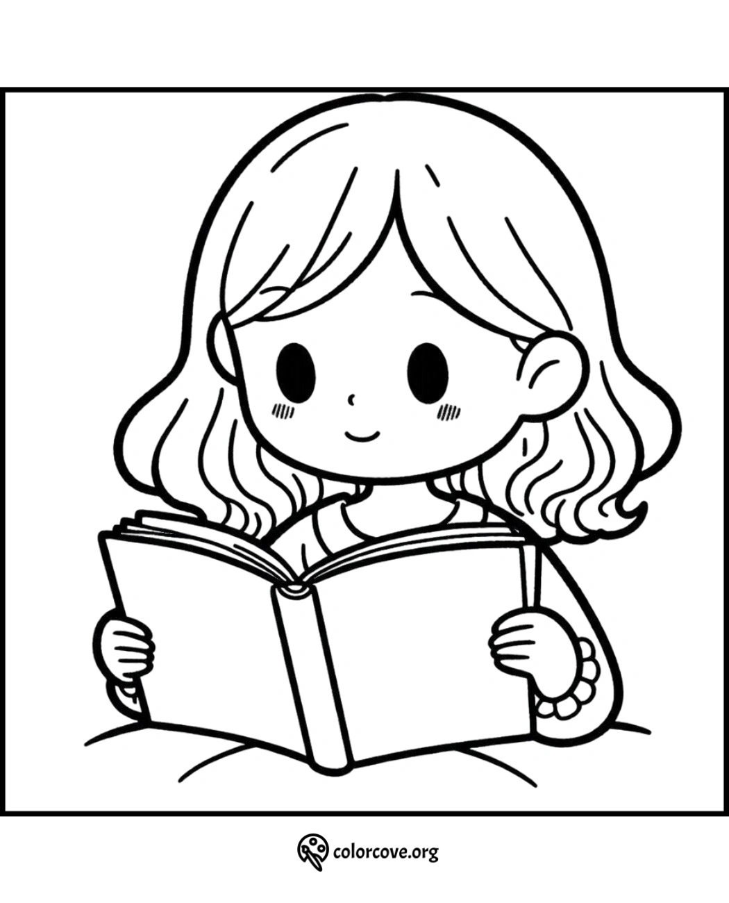 Coloring page of a cute girl reading a book, with a happy expression. Perfect for children's activity.