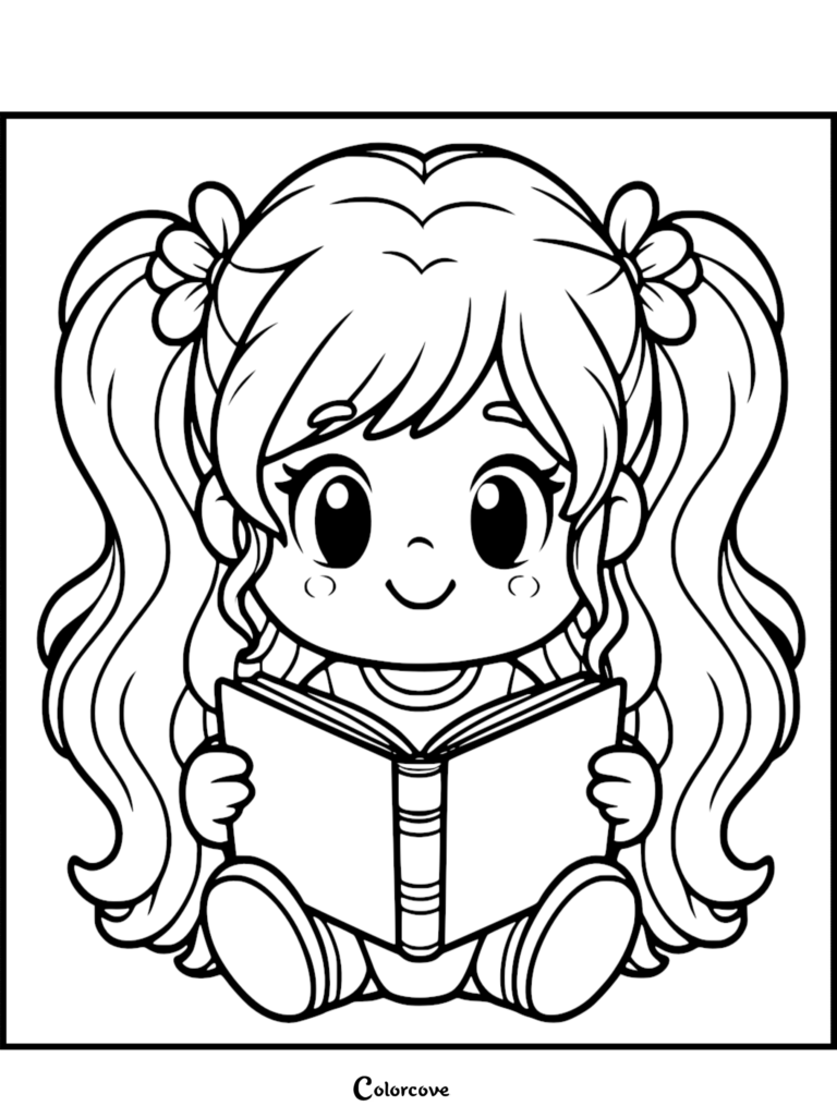 A cute girl with pigtails and flower hair accessories sitting and reading an open book in this printable coloring page.