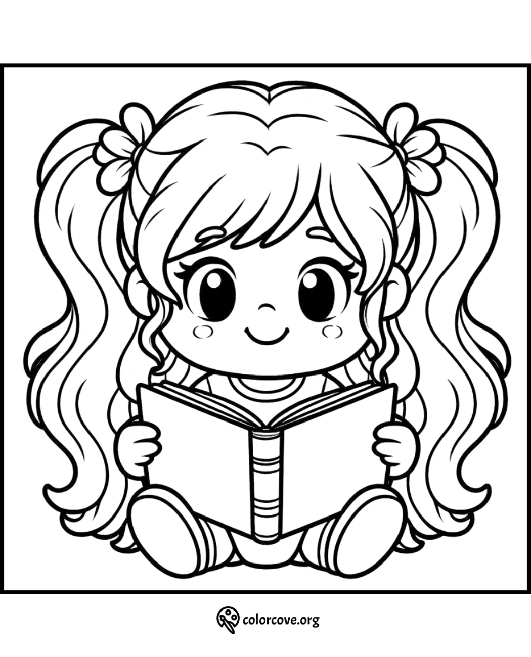 Cute girl with pigtails holding a book - coloring page for kids. Ideal for children's creative fun.