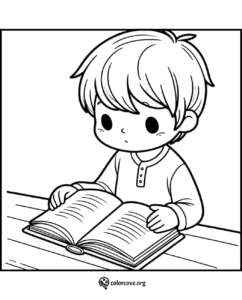 Cute child reading a book coloring page for kids. Perfect printable coloring sheet for teaching reading and coloring skills.