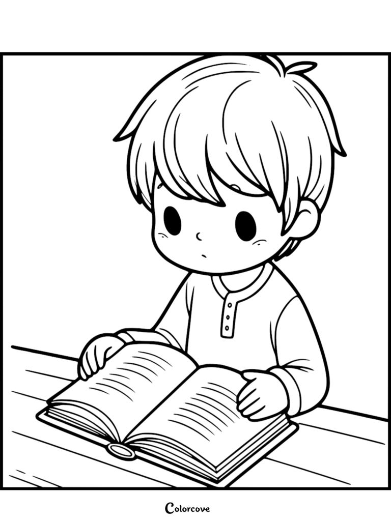 A cute chibi boy with messy hair sitting at a desk reading an open book, line art coloring page.