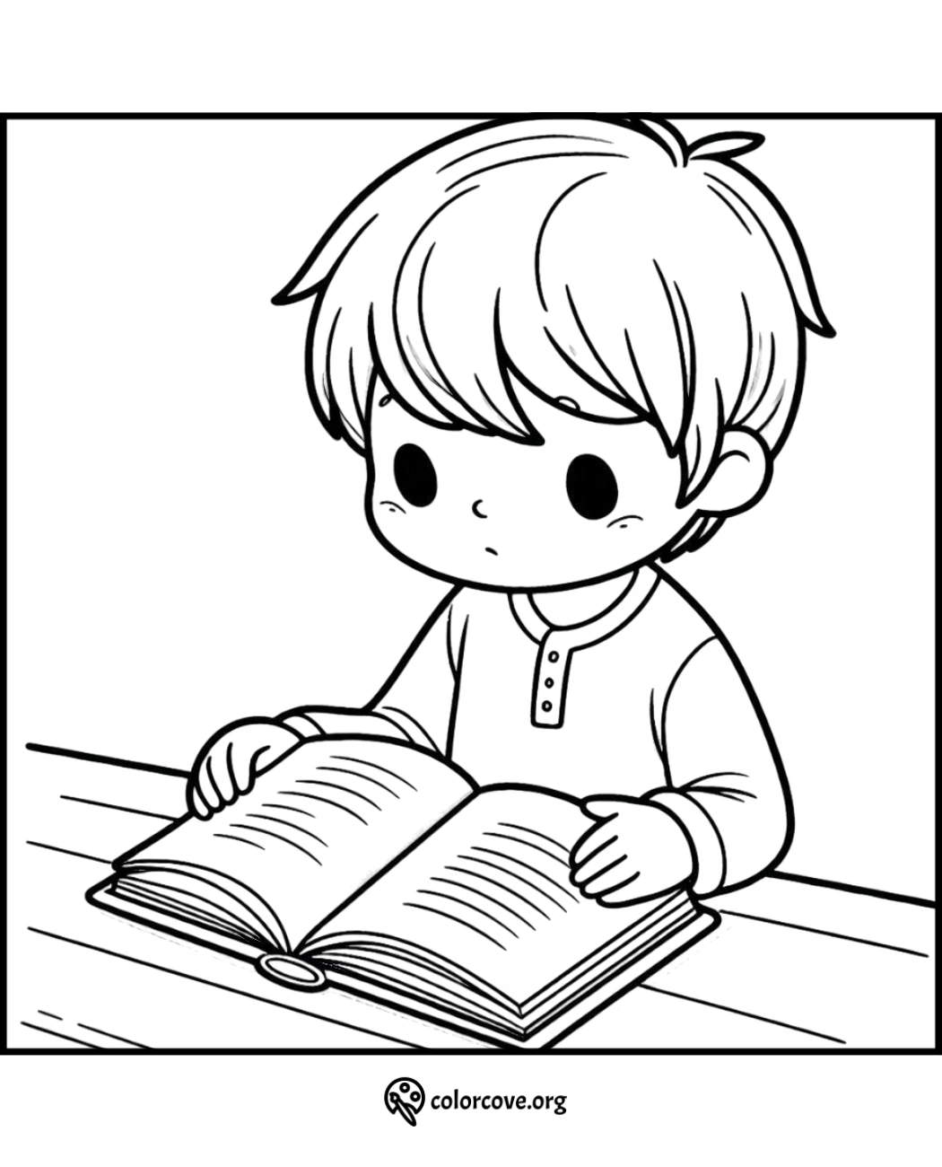 Cute child reading a book coloring page for kids. Perfect printable coloring sheet for teaching reading and coloring skills.