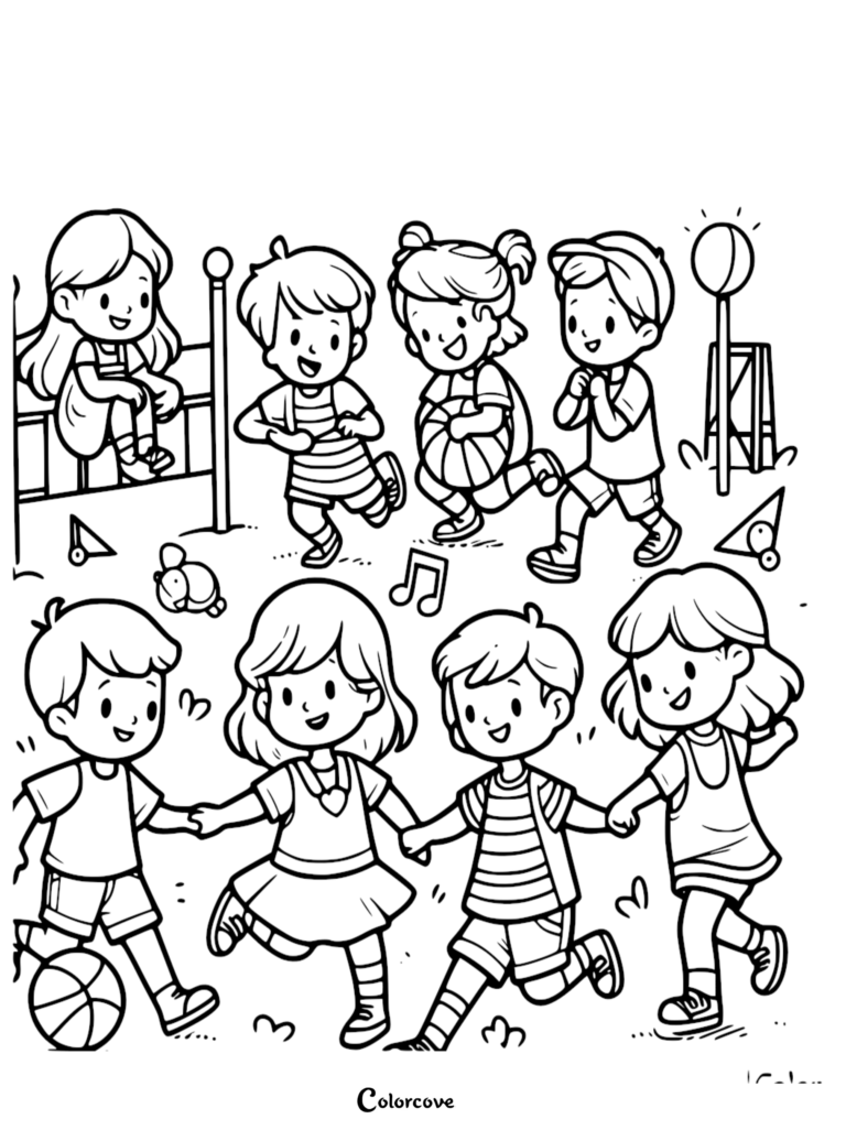 A black and white coloring page featuring a group of happy children playing, with some holding hands in a circle and others playing with a ball in a park setting.