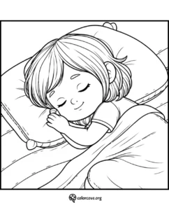 Coloring page of a cute child sleeping peacefully on a pillow, ideal for kids’ bedtime relaxation and creativity.