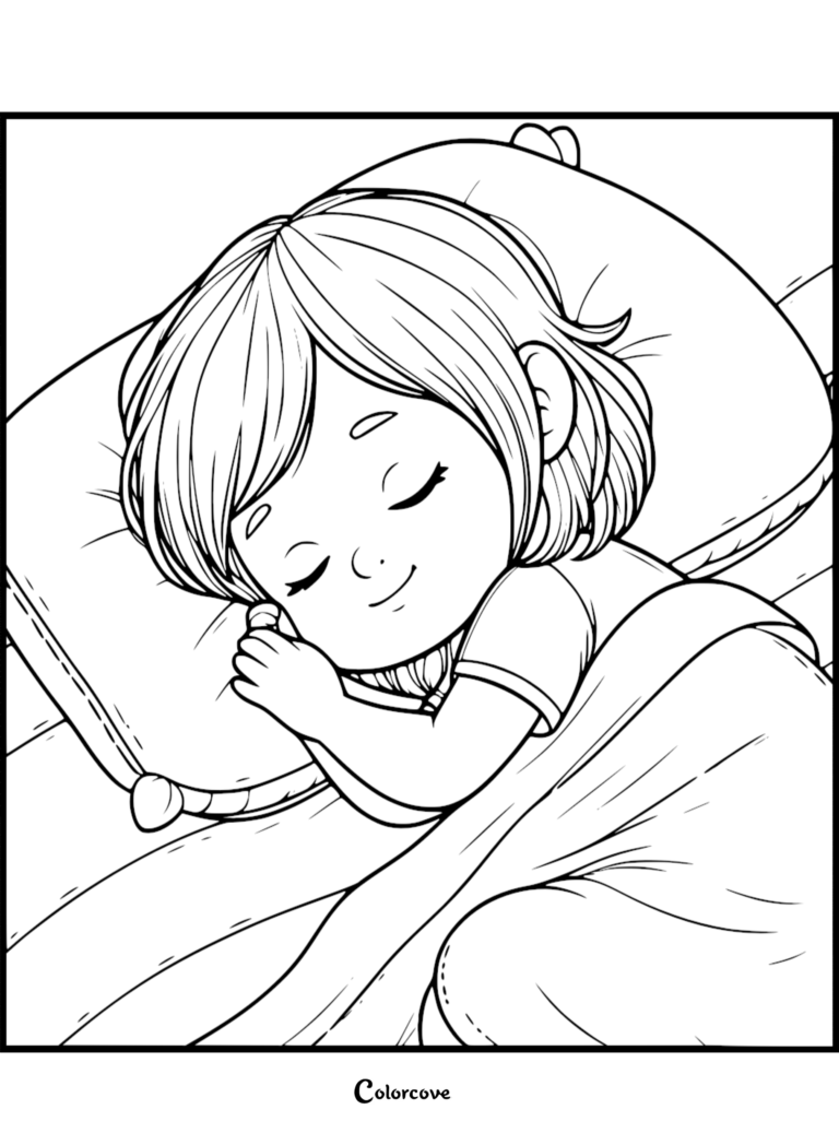A cute girl with short hair sleeping peacefully on a soft pillow, line art coloring page.