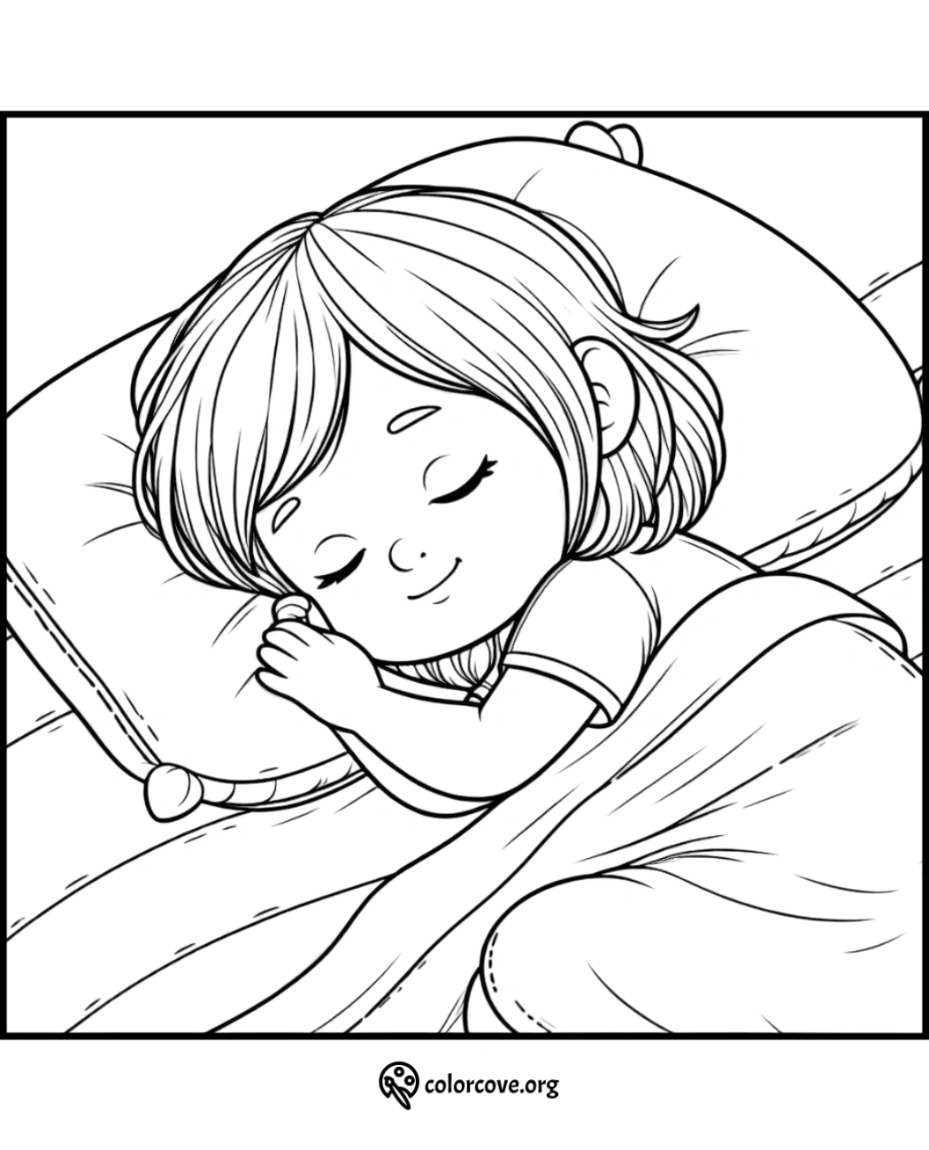 Coloring page of a cute child sleeping peacefully on a pillow, ideal for kids’ bedtime relaxation and creativity.