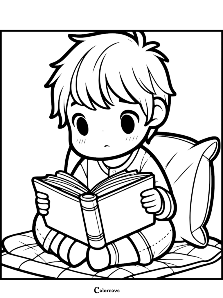 A cute chibi boy with messy hair sitting on a bed against a pillow reading an open book, line art coloring page.