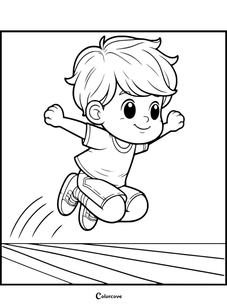 A cute cartoon boy with messy hair jumping in the air, line art coloring page style.