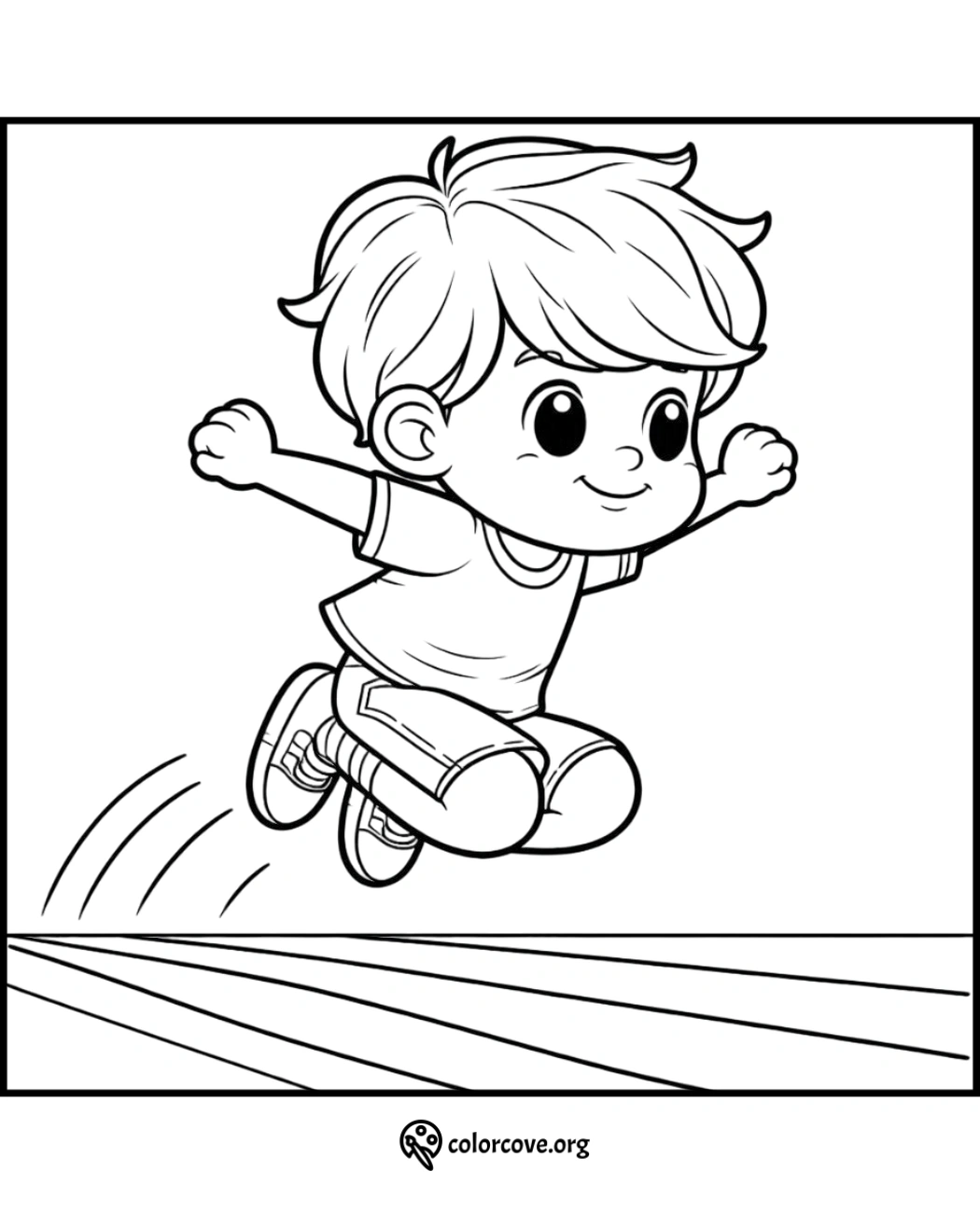 Child jumping coloring page, free printable from colorcove.org. Fun activity for kids to color and enjoy!