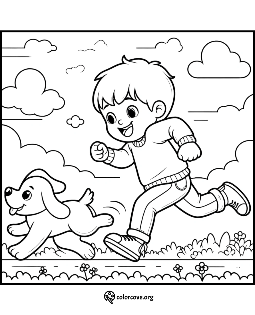 Cute coloring page of a happy boy running with his playful dog in a park, surrounded by clouds and flowers.