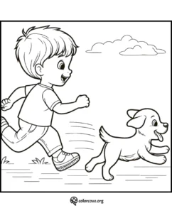 Coloring page of a happy child running after a playful puppy in a grassy area with a cloudy sky background.
